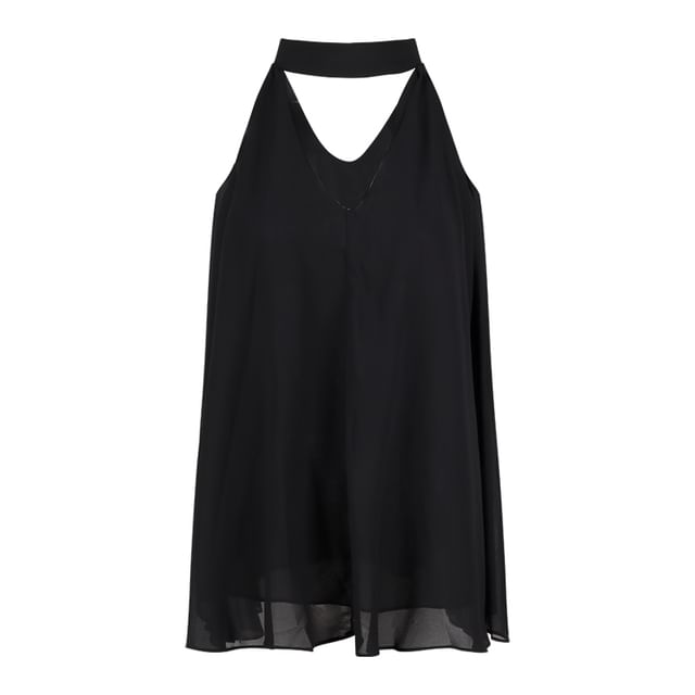 Plain Halter V-Neck Tunic / High-Waisted Culottes