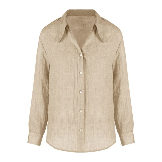 Plain Collared Button-Up V-Neck Long-Sleeved Blouse / High-Waisted A-Line Skirt (Various Designs)