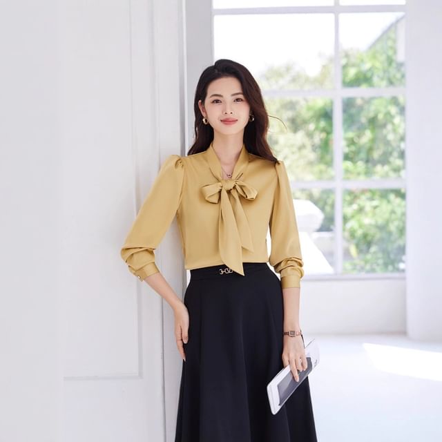 Plain Tie-Neck Long-Sleeved Blouse / High-Waisted Midi A-Line Skirt
