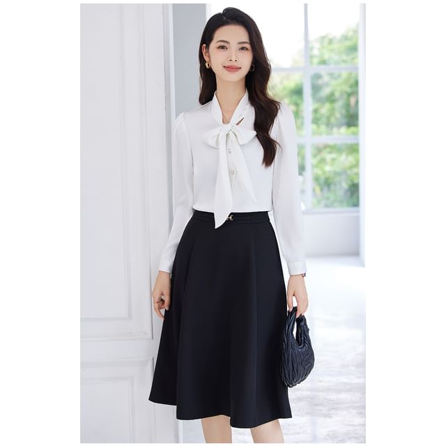 Set: Plain Tie-Neck Long-Sleeved Blouse + High-Rise Midi A-Line Skirt