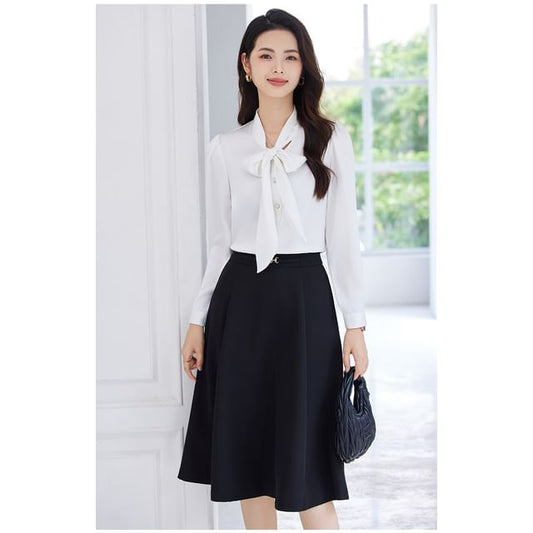 Set: Plain Tie-Neck Long-Sleeved Blouse + High-Rise Midi A-Line Skirt
