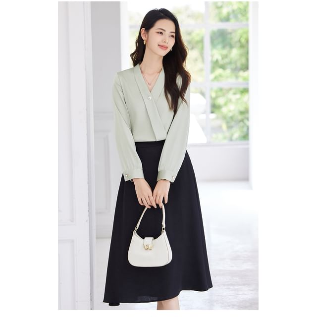 Set: Plain V-Neck Long-Sleeved Blouse + High-Waisted Midi Straight Skirt