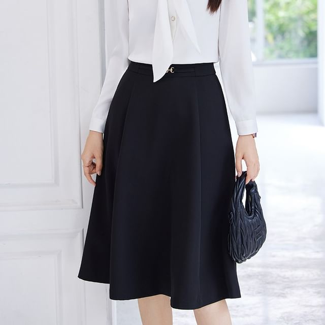 Plain Tie-Neck Long-Sleeved Blouse / High-Waisted Midi A-Line Skirt
