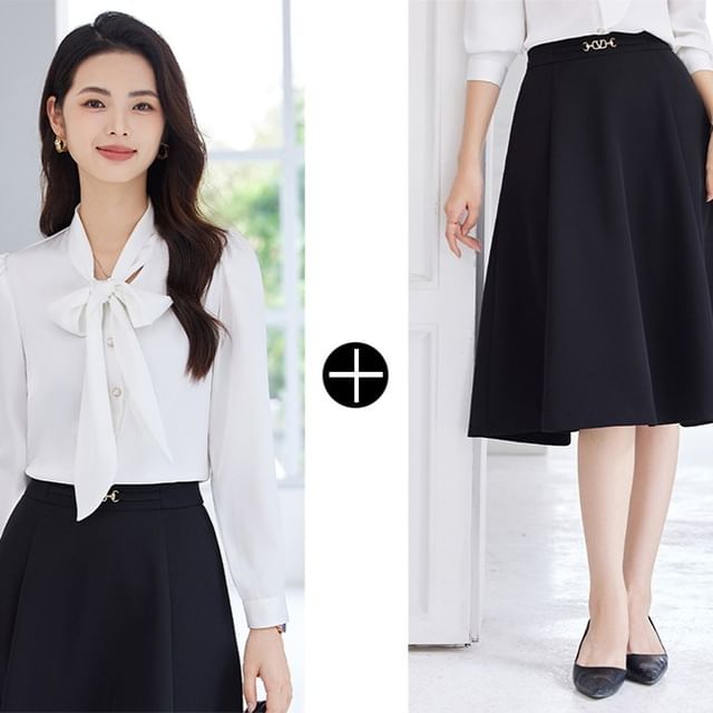 Set: Plain Tie-Neck Long-Sleeved Blouse + High-Rise Midi A-Line Skirt