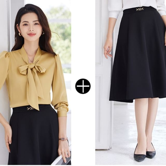 Set: Plain Tie-Neck Long-Sleeved Blouse + High-Rise Midi A-Line Skirt