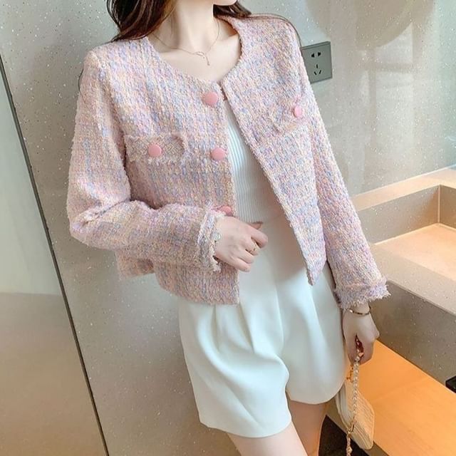 Round Neck Fringed Tweed Button Jacket