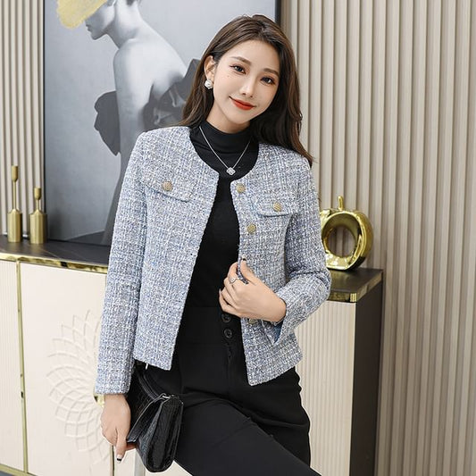 Round Neck Tweed Button Jacket