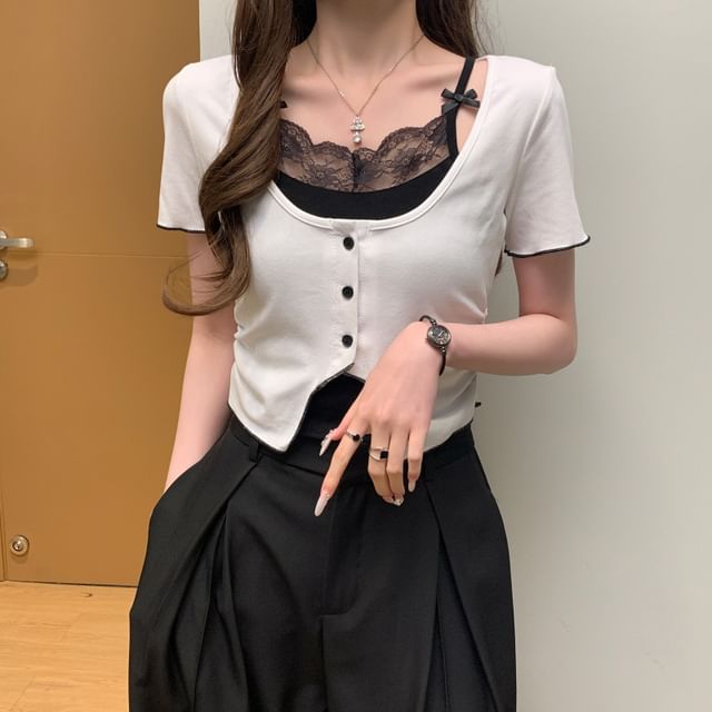 Lace-Trimmed Mock Two-Piece Short-Sleeved Top