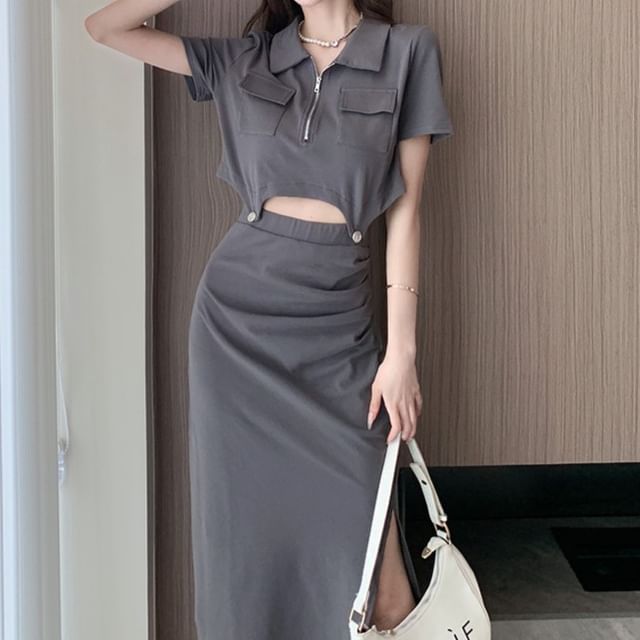 Set: Plain Half-Zip Short-Sleeved Cropped Polo + High-Waisted Slit Midi Pencil Skirt
