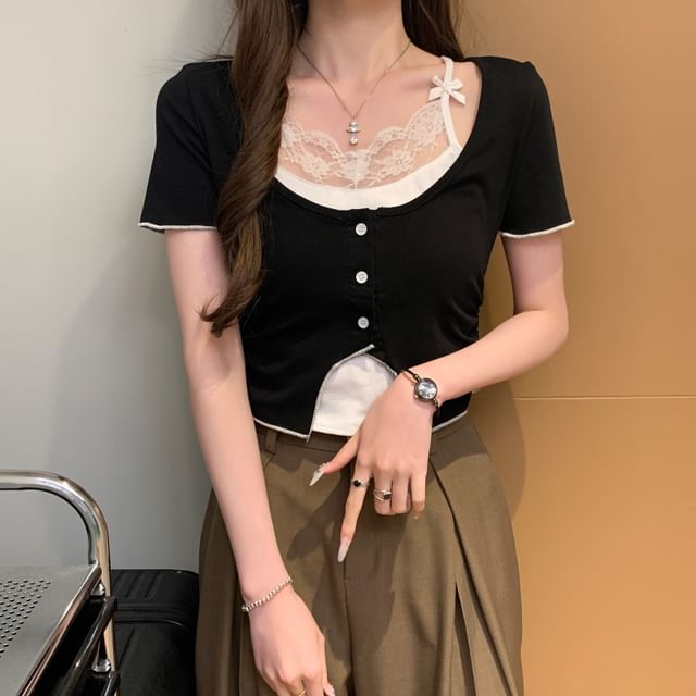 Lace-Trimmed Mock Two-Piece Short-Sleeved Top