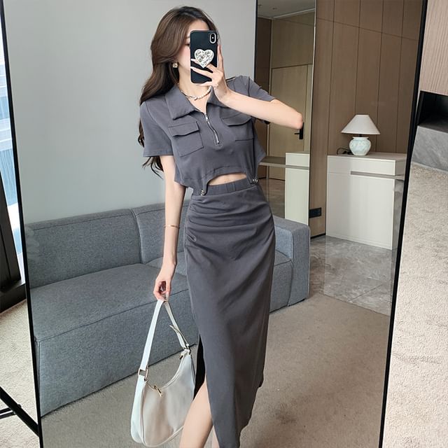 Set: Plain Half-Zip Short-Sleeved Cropped Polo + High-Waisted Slit Midi Pencil Skirt