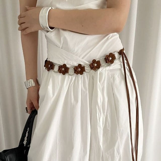 Leather Alloy Chain Faux Floral Waist