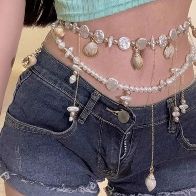 Chain Waist Disc Pearl Shell Faux Alloy