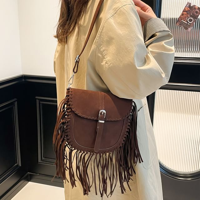 Suede Crossbody Fringe Faux Bag Saddle