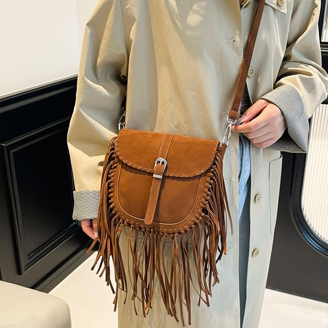 Suede Crossbody Fringe Faux Bag Saddle