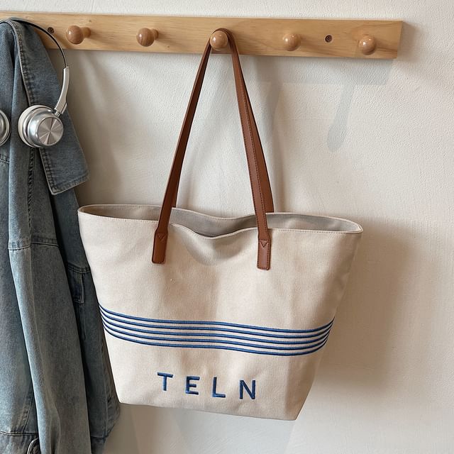 Striped Canvas Embroidered Tote Lettering Bag