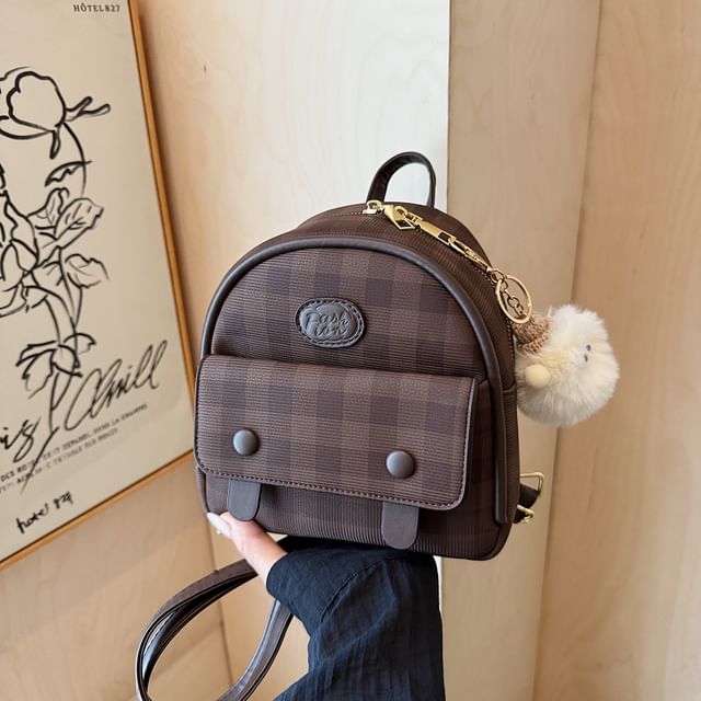 Faux Flap Backpack Plaid Leather