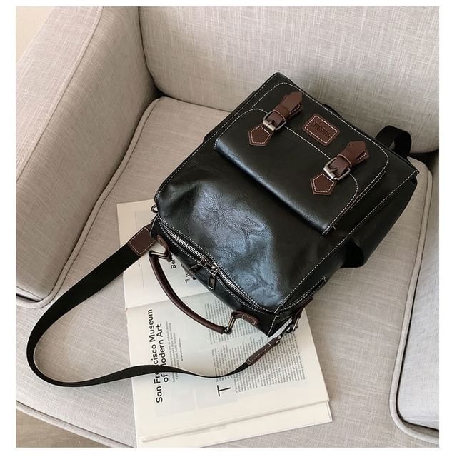 Faux Buckled Leather Backpack