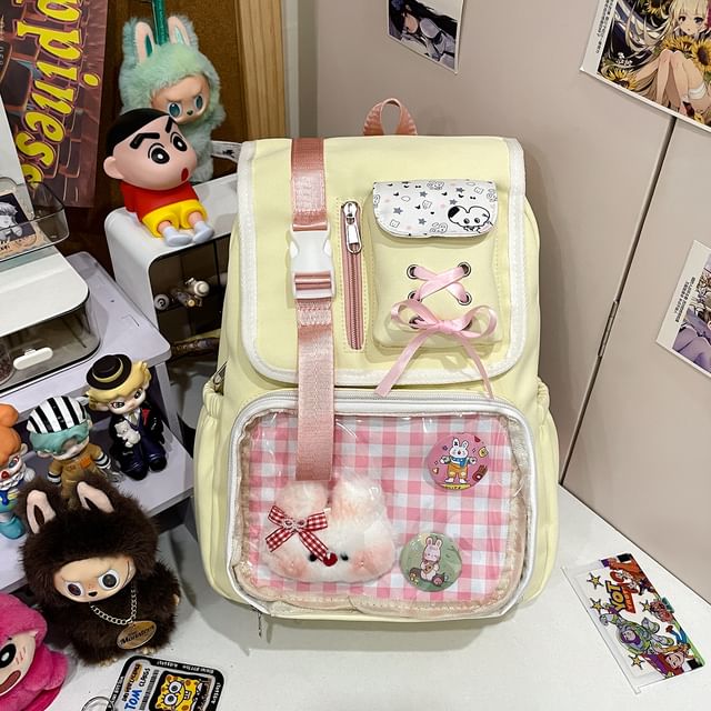 Panel Buckled Ribbon Gingham Backpack PVC Nylon