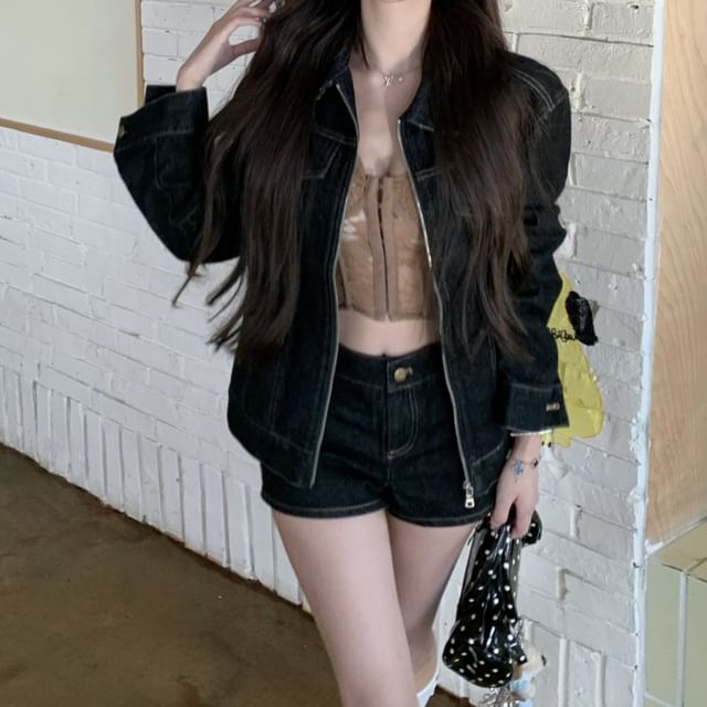 Collar Denim Zip Jacket / High Waist Denim Shorts