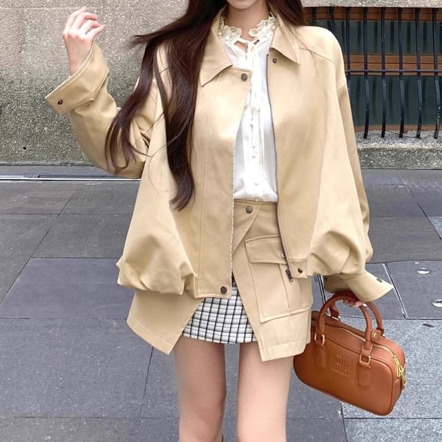 Collared Zip Jacket & Plaid Cargo Skirt Set