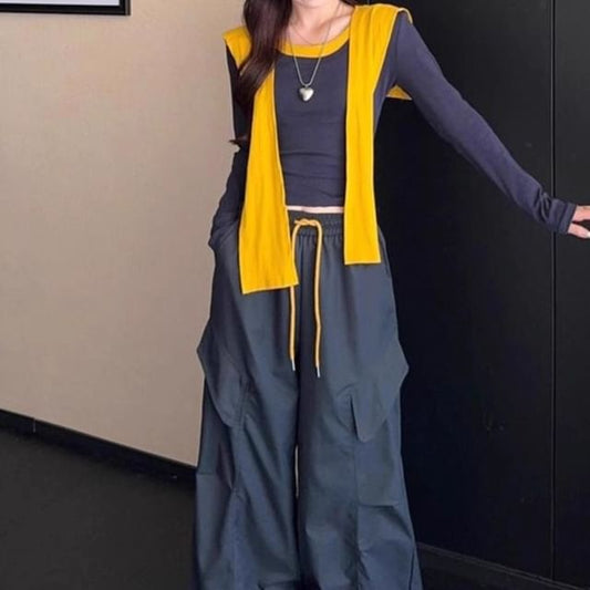 Long Sleeve Crew Neck Contrast Trim Tee / Scarf / Drawstring Waist Plain Wide Leg Cargo Pants / Set