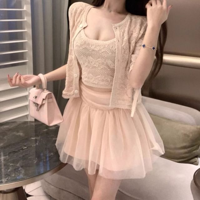 Crochet Crop Tank, Cardigan & Mesh Mini Skirt