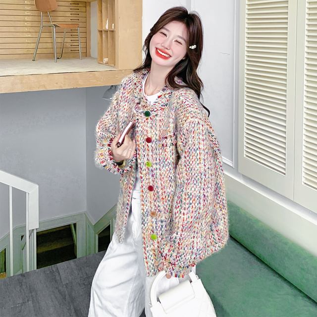 Crew Neck Fringed Button-Up Tweed Jacket