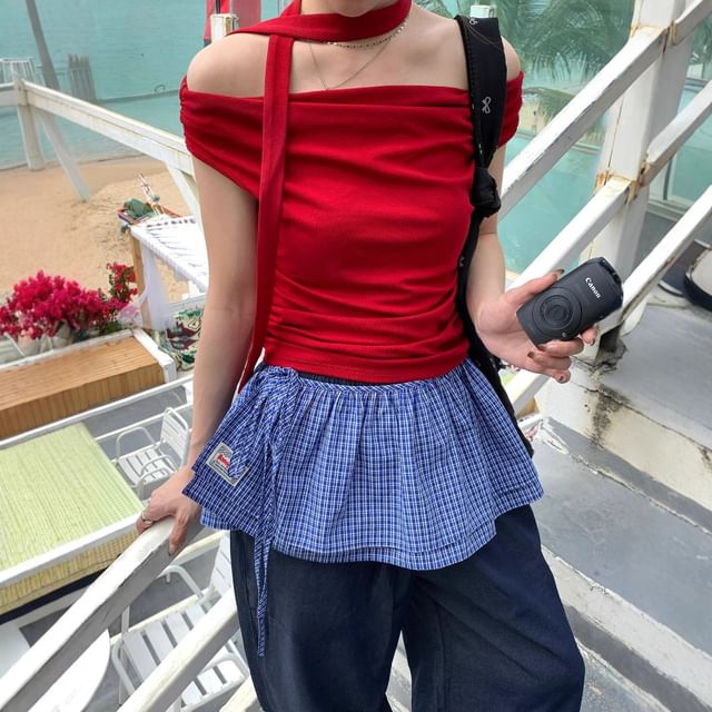 Striped and Plaid Overlay Mini Skirt