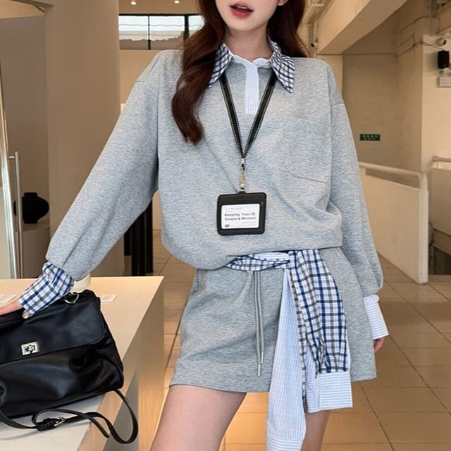 Mock Two-Piece Plaid Pullover & Mini Skirt Set