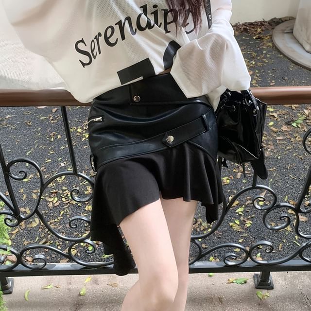 High-Rise Faux Leather Asymmetrical Mini A-Line Skirt