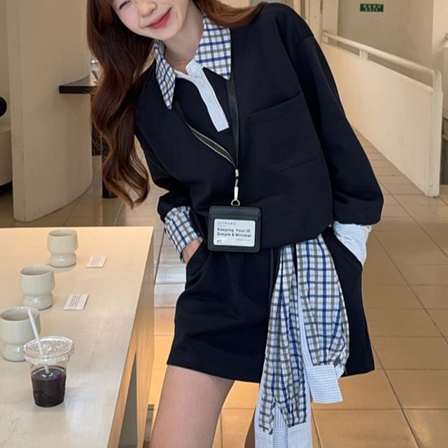 Mock Two-Piece Plaid Pullover & Mini Skirt Set
