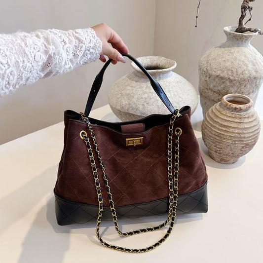 Crossbody Bag Tote Suede Chain Faux Strap Quilted