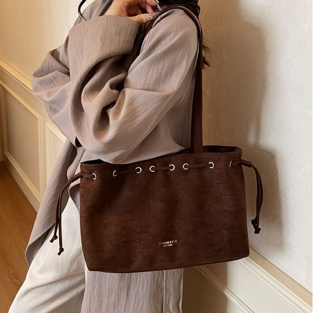 Plain Suede Tote Drawstring Bag Faux