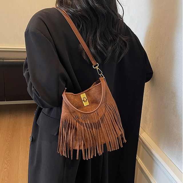 Faux With Suede Plain Crossbody Pouch Fringe Bag