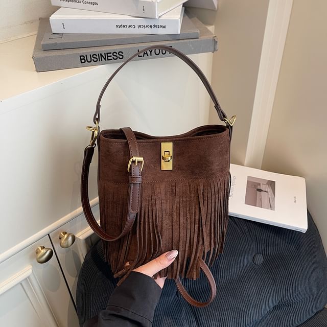 Faux With Suede Plain Crossbody Pouch Fringe Bag