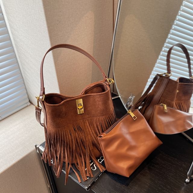 Faux With Suede Plain Crossbody Pouch Fringe Bag