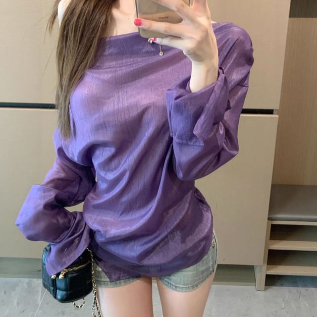 Plain One-Shoulder Long-Sleeved Top