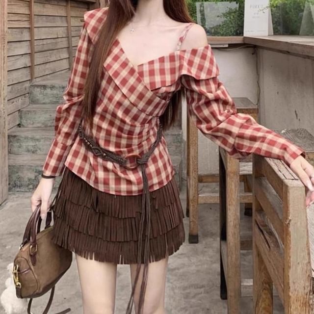 Long-Sleeve Off-Shoulder Plaid Blouse, High-Waist Tiered Mini A-Line Skirt & Belt Set