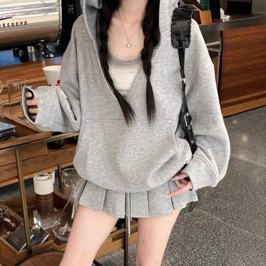 V-Neck Oversized Hoodie, High-Waist Mini Pleated Skirt & Scoop Neck Tank