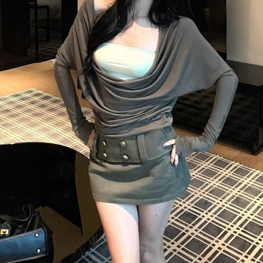 Lace Cowl Neck Two Piece Tee with Mini A-Line Skirt