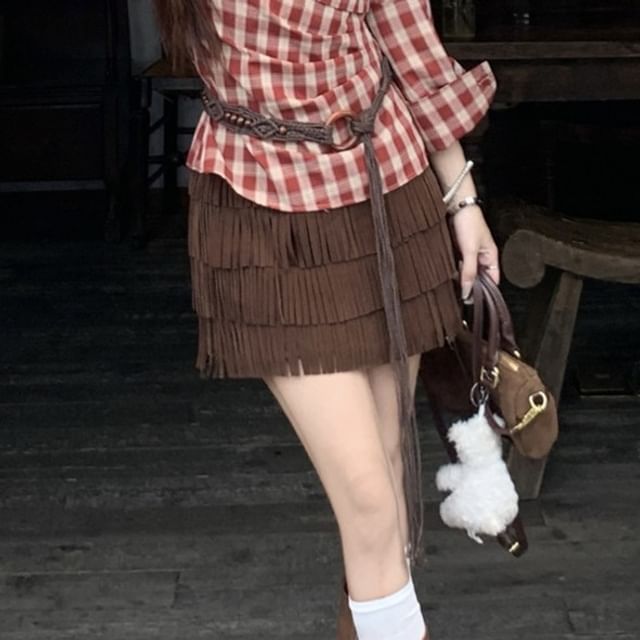 Long-Sleeve Off-Shoulder Plaid Blouse, High-Waist Tiered Mini A-Line Skirt & Belt Set