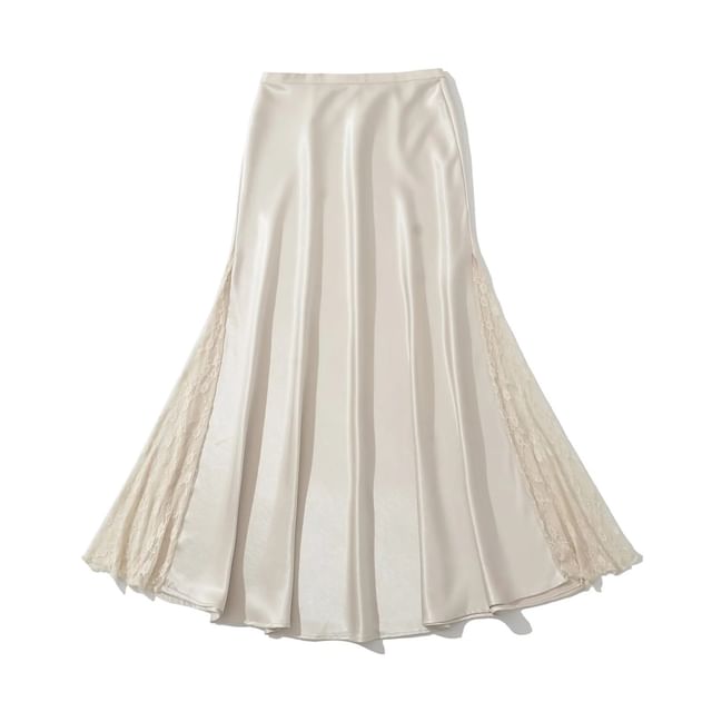 Satin Lace Panel Maxi Skirt - High Rise
