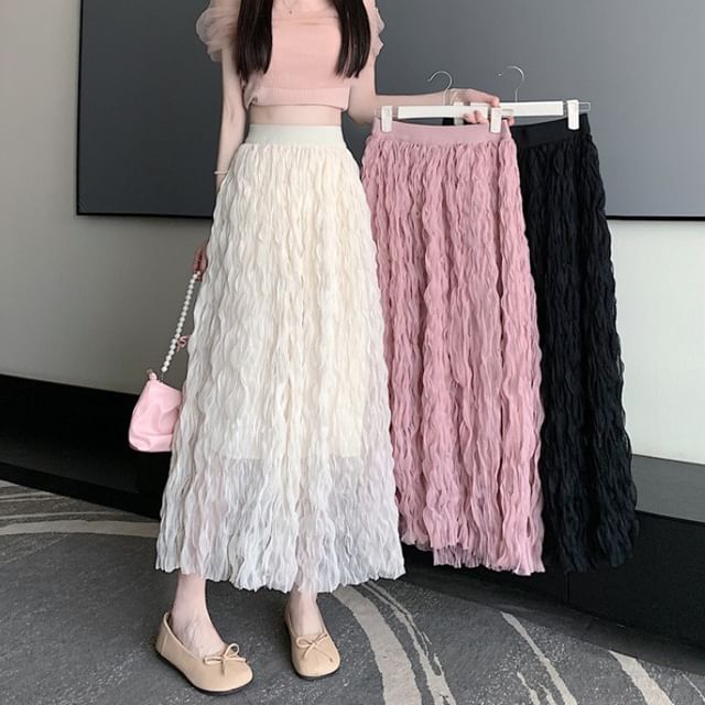 High-Waist Crinkle Mesh Midi A-Line Skirt