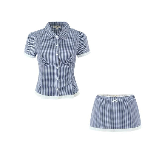 Puff-Sleeve Gingham Lace Blouse & Mini Pencil Skirt
