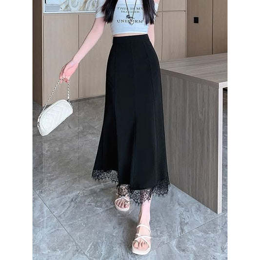 Lace Midi A-Line Skirt - High Waist