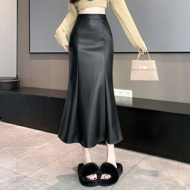 Faux Leather Mermaid Maxi Skirt - High Waist