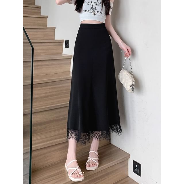 Lace Midi A-Line Skirt - High Waist