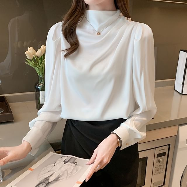 Plain Ruched Mock-Neck Long-Sleeved Blouse