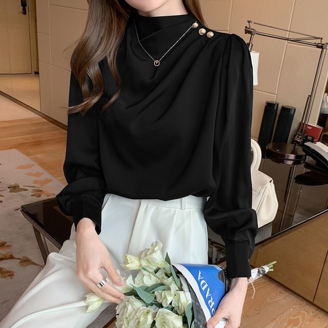 Plain Ruched Mock-Neck Long-Sleeved Blouse